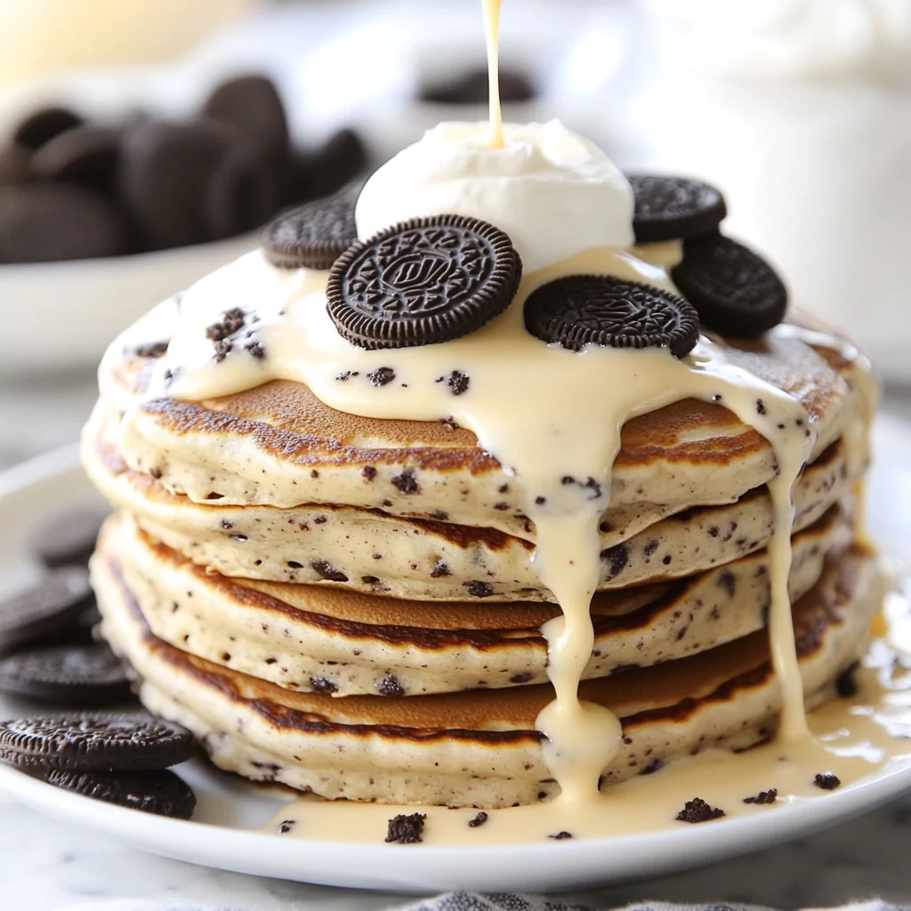Cookies & Cream Oreo Pancakes with Cream Cheese Drizzle