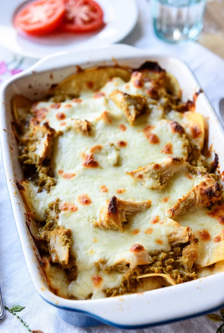 Leftover Rotisserie Chicken Enchilada Casserole is the best easy dinner.