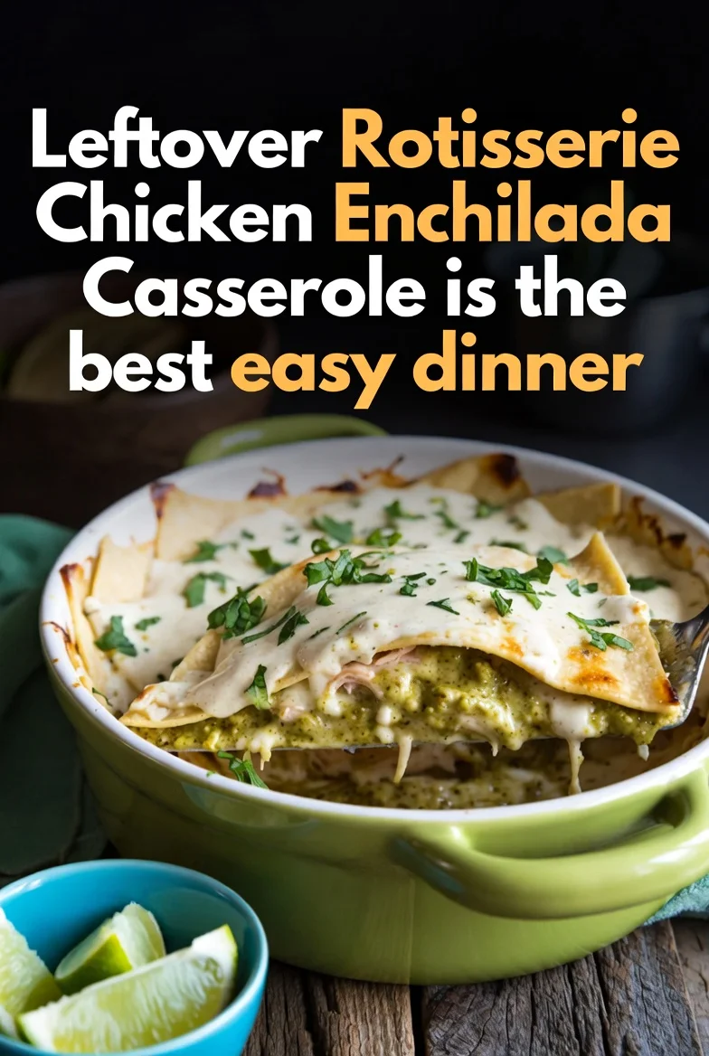 Leftover Rotisserie Chicken Enchilada Casserole is the best easy dinner.