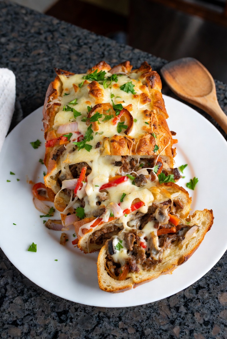 Baked Cheesesteak Stuffed Bread Loaf Recipe.