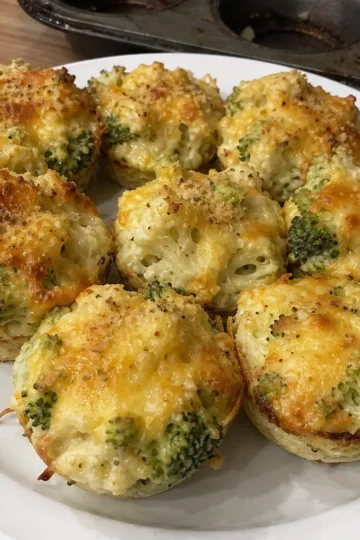 Golden brown cheesy broccoli cups straight out of the oven