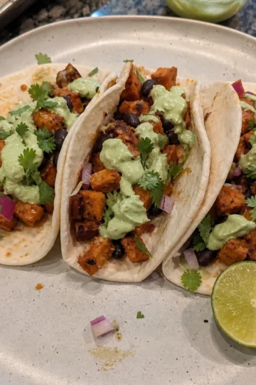 Crispy Air Fryer Sweet Potato Tacos with Avocado Cream