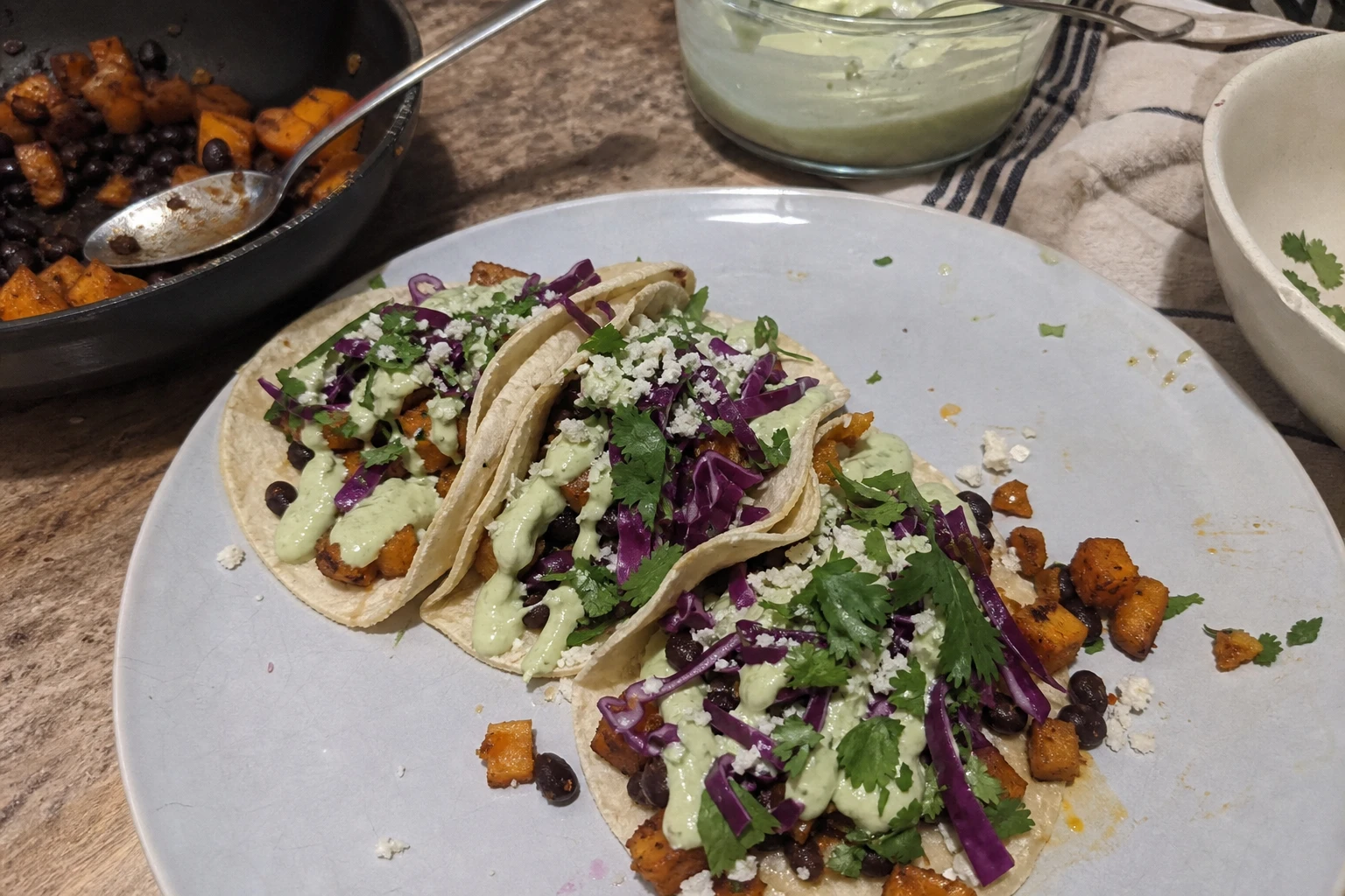 Crispy Air Fryer Sweet Potato Tacos with Avocado Cream