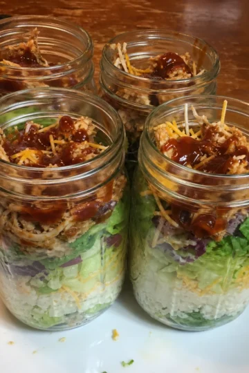 Beautifully layered BBQ chicken salad jars ready to serve