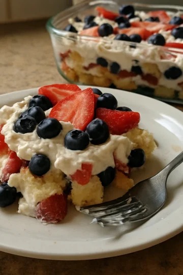 Colorful red, white, and blue berry trifle layered in a glass bowl