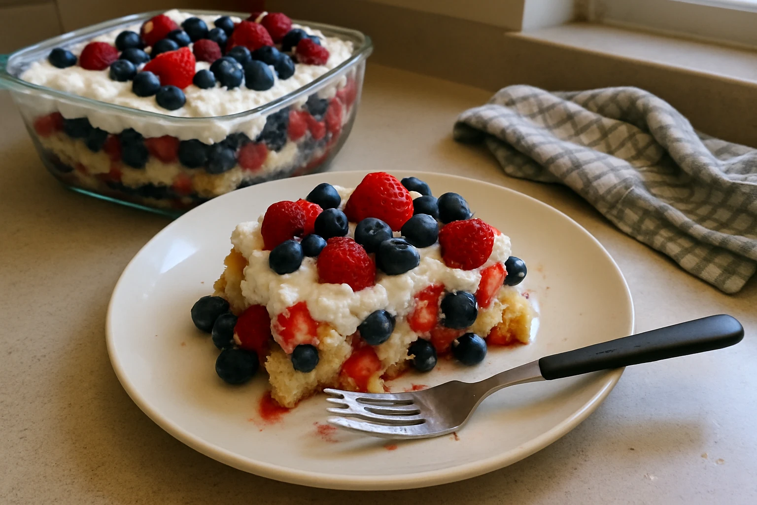Close-up of creamy whipped topping and fresh berries in a trifle dessert