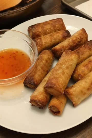 Plate of crispy firecracker egg rolls with dipping sauce
