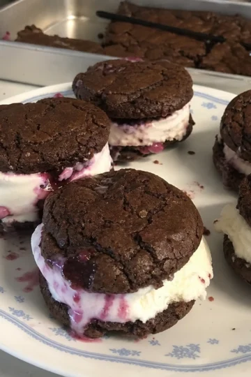Ice Cream Sandwiches with Homemade Brownie Cookies and Berry Filling