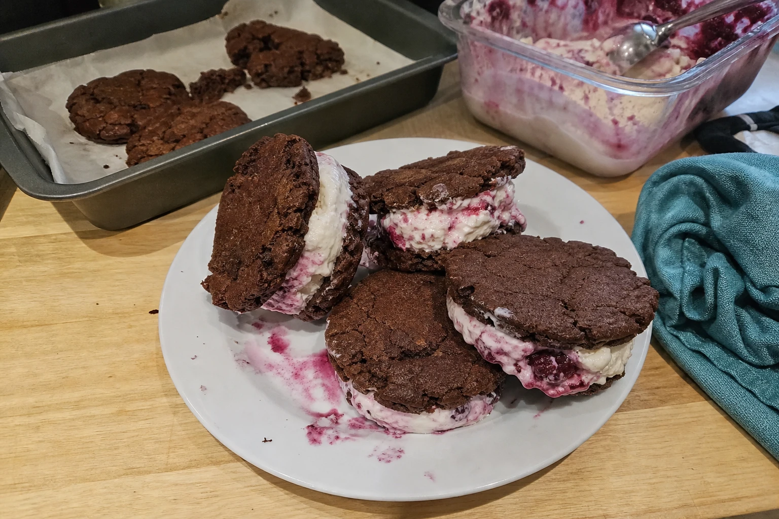 Ice Cream Sandwiches with Homemade Brownie Cookies and Berry Filling
