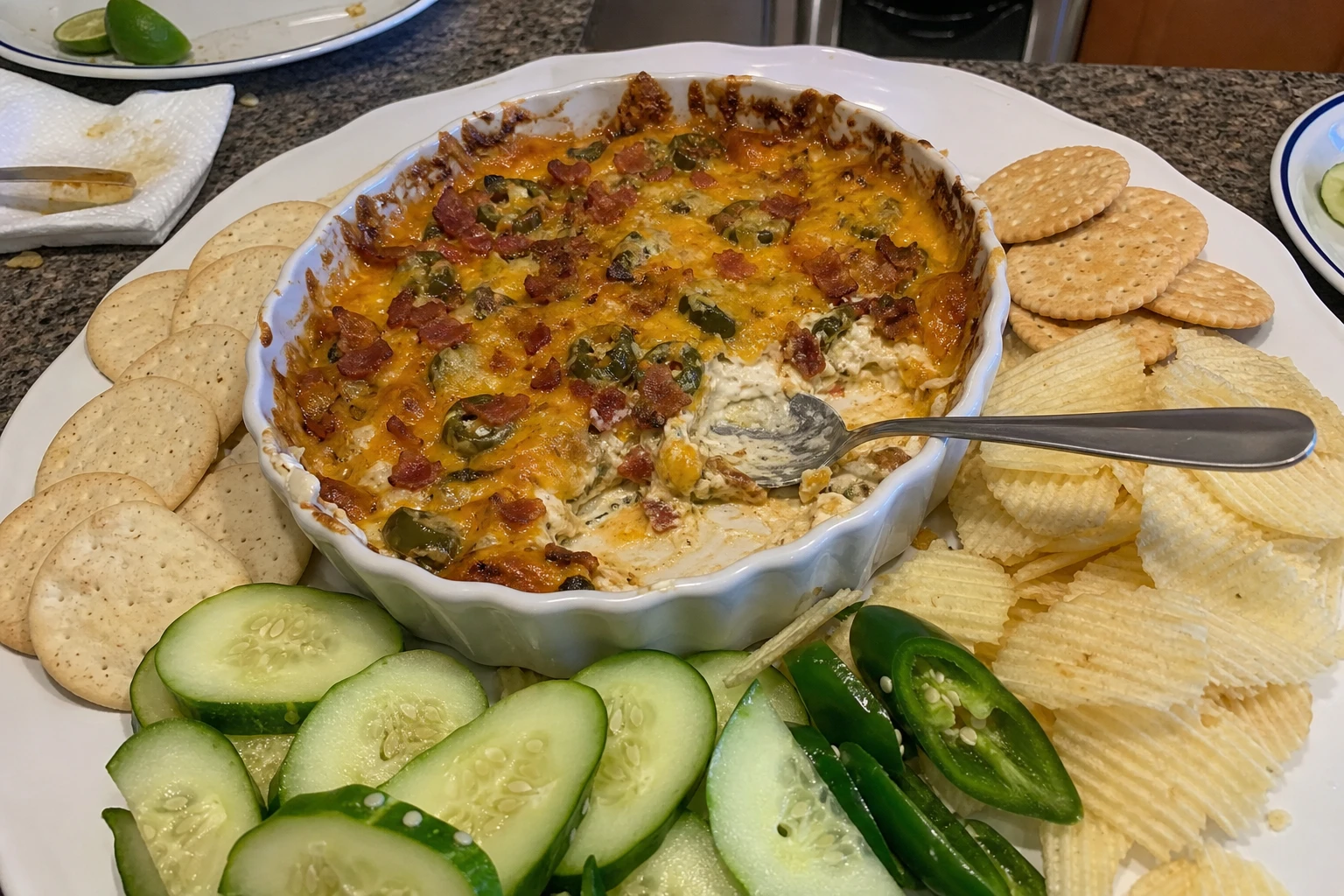 Baked jalape1o popper dip bubbling and golden brown in a dish
