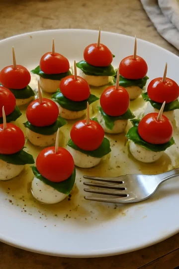 Colorful Mini Caprese Salad Bites arranged on a serving platter.