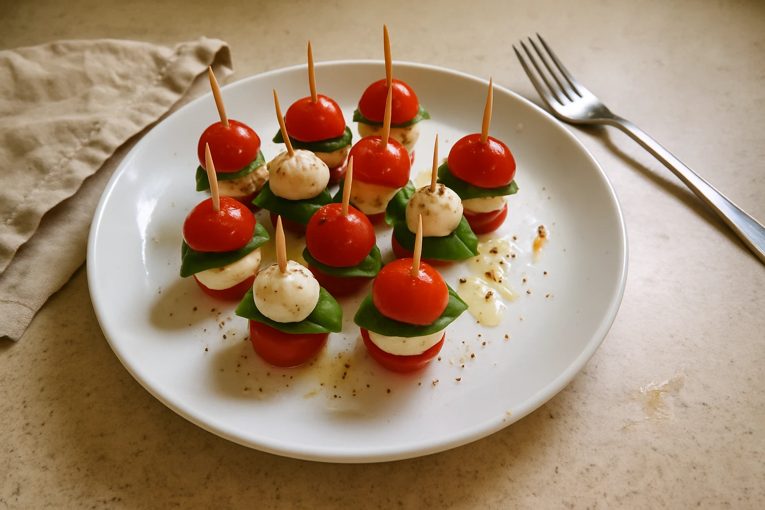 Close-up of a skewer showcasing fresh cherry tomatoes, mozzarella, and basil.