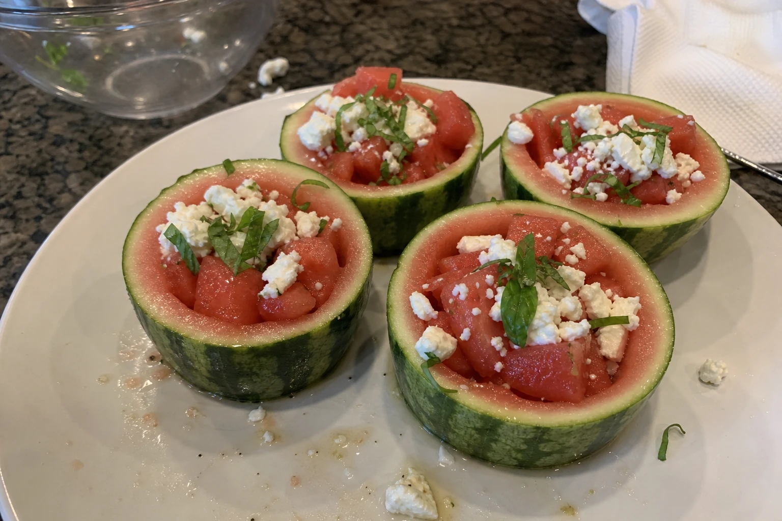 Fresh watermelon salad mix with feta, mint, and cucumber