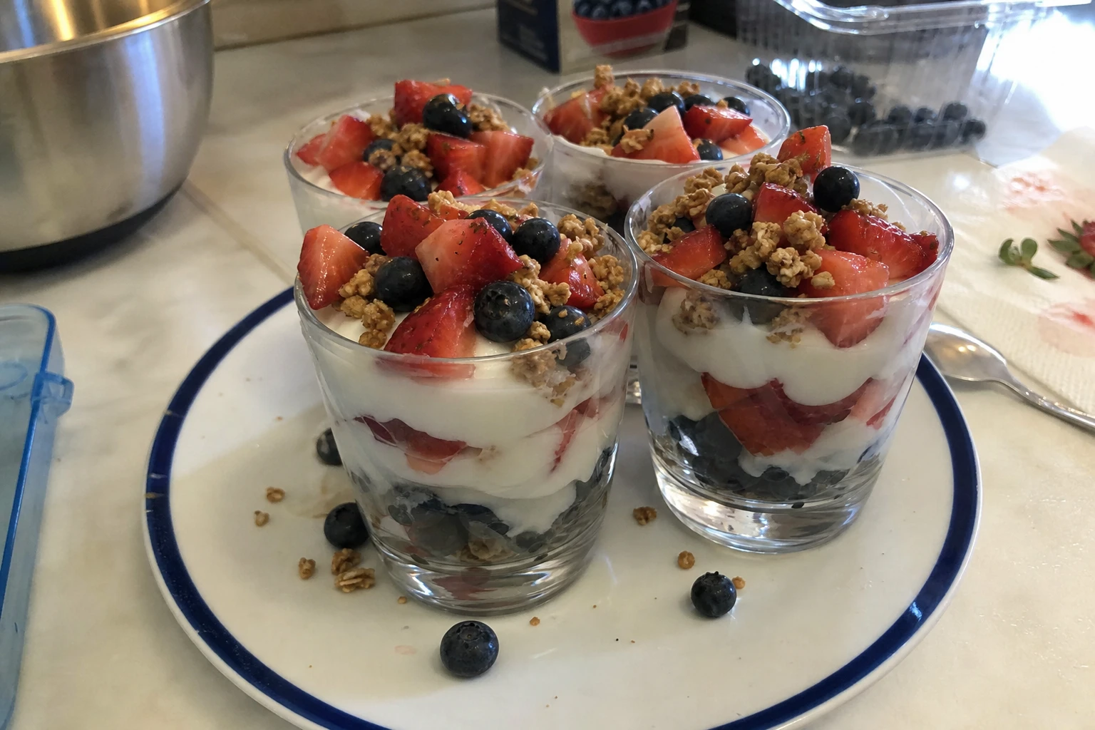 Bright and colorful parfaits set against a festive 4th of July backdrop.