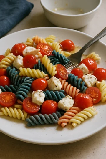 Patriotic pasta salad with red cherry tomatoes and white mozzarella on a festive table.