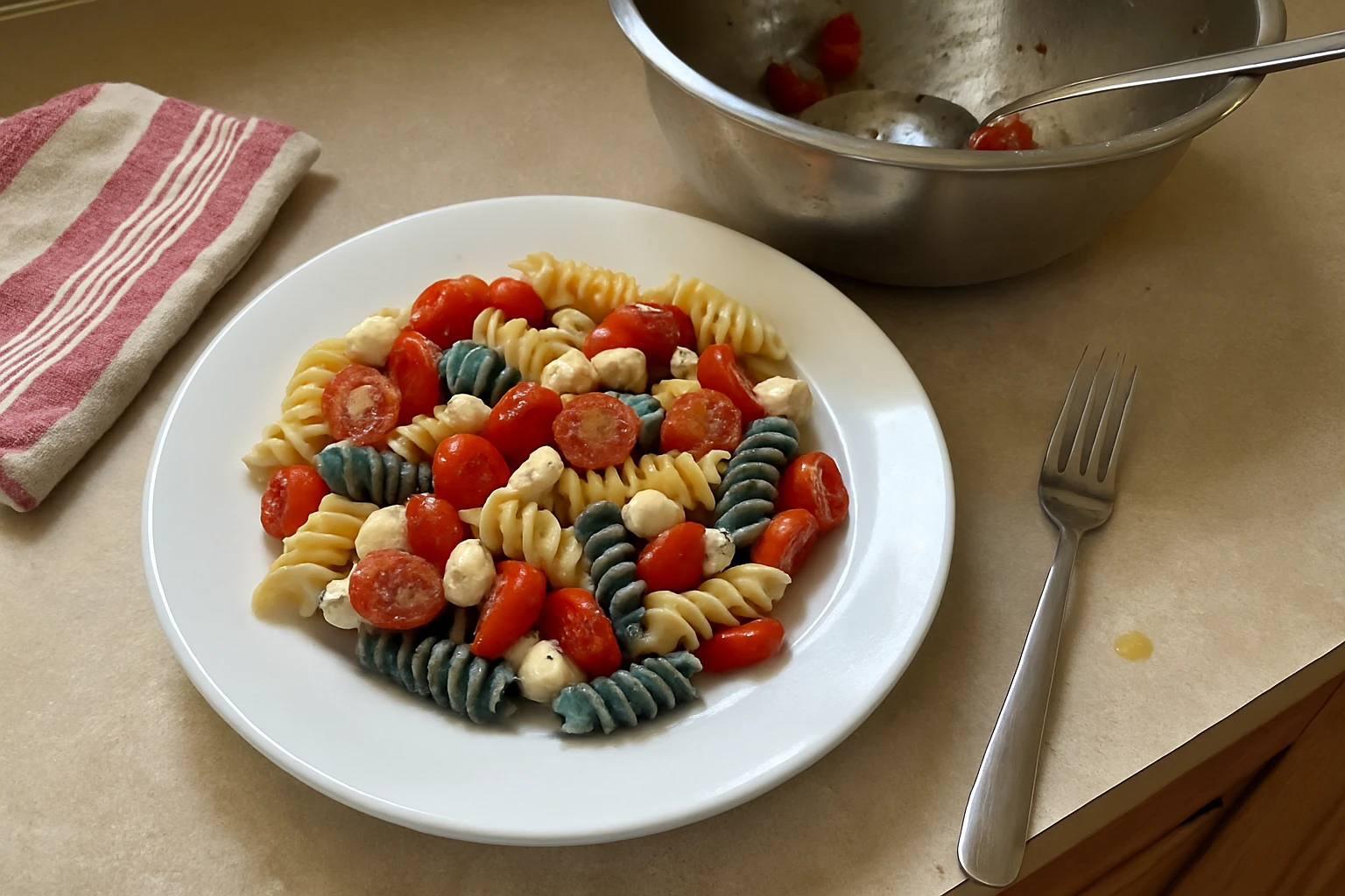 Bowl of colorful pasta salad served at a summer barbecue.
