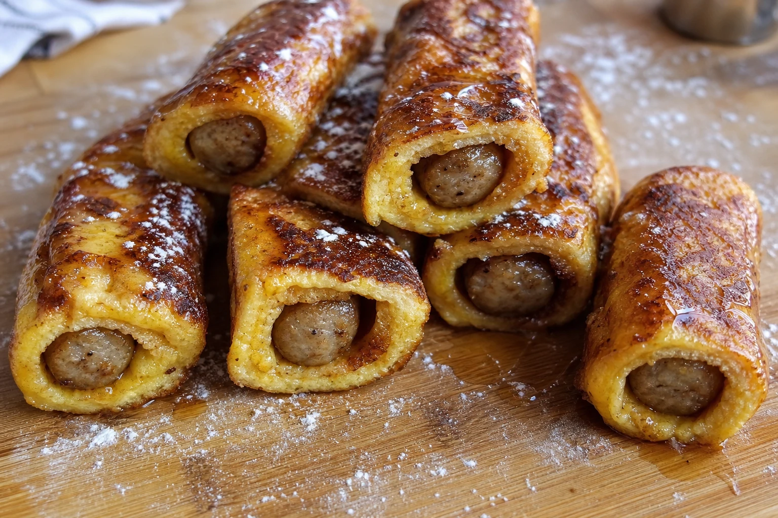 Close-up of a Sausage French Toast Roll-up cut in half revealing juicy sausage inside.