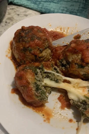 spinach garlic meatballs stuffed with mozzarella