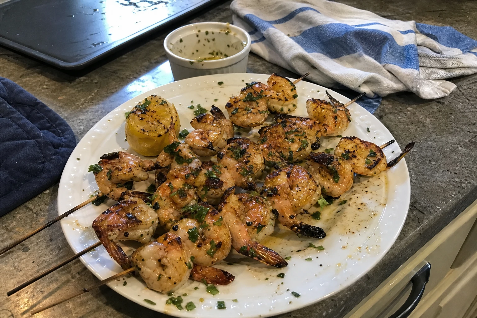 Zesty citrus marinade being poured over shrimp in a bowl