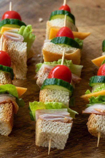 Colorful mini sandwich kabobs on a platter