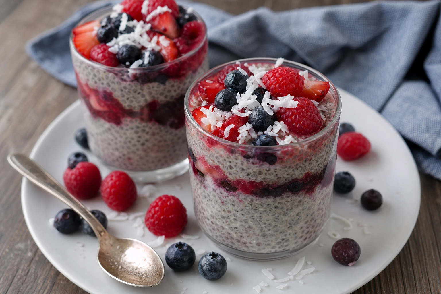 Close-up of chia pudding showing the creamy texture and berry layers.