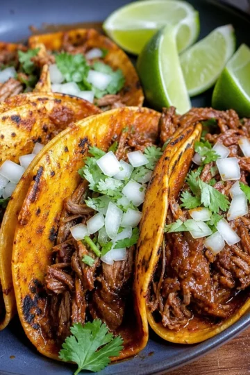 Delicious birra tacos with shredded beef and fresh toppings