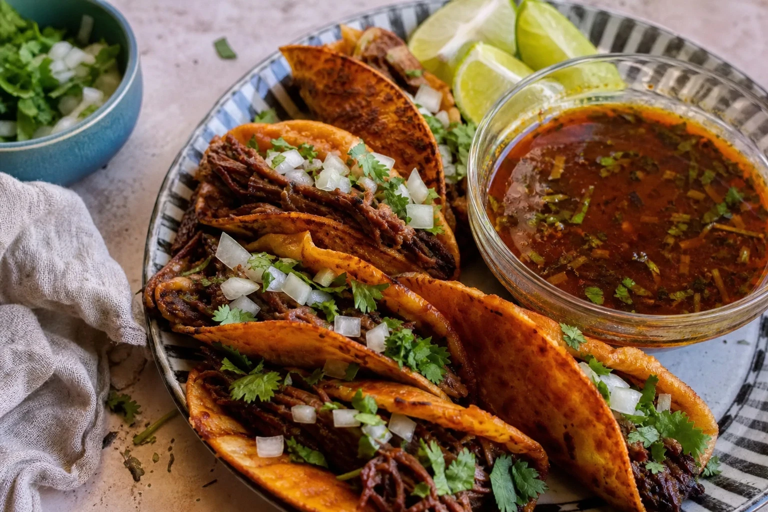 A close-up of a plate filled with birra tacos and garnished with cilantro