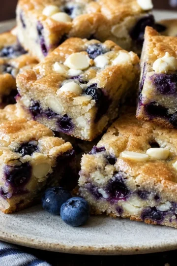 Blueberry White Chocolate Blondies cut into squares