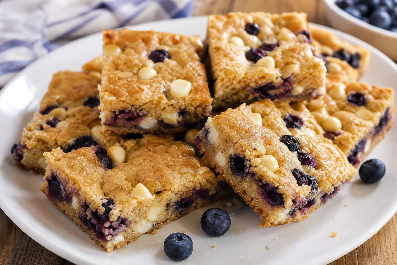 A hand holding a piece of Blueberry White Chocolate Blondie