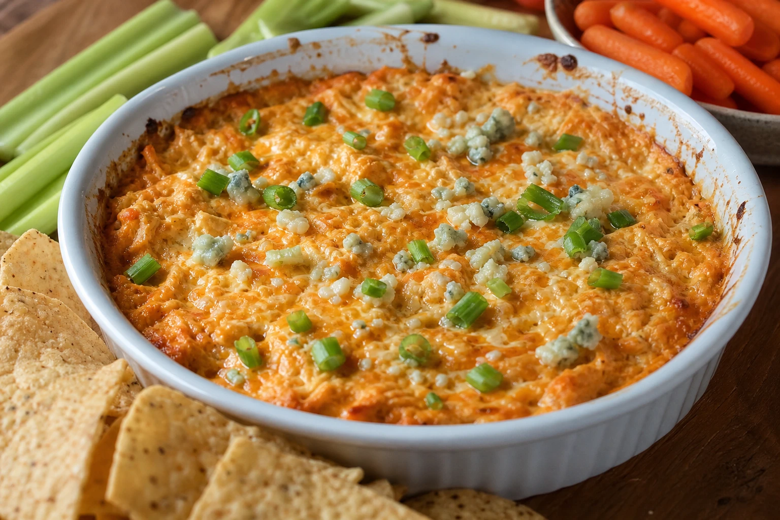 Buffalo chicken dip served with tortilla chips