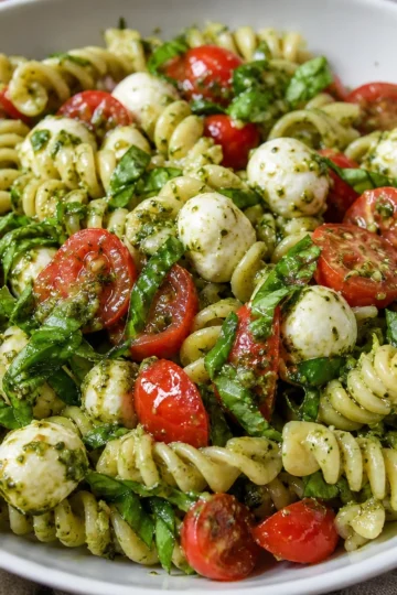 A vibrant bowl of Caprese pasta salad with fresh mozzarella and cherry tomatoes