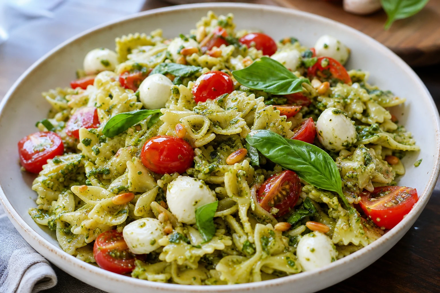 Close-up of colorful Caprese pasta salad garnished with basil and drizzled with pesto