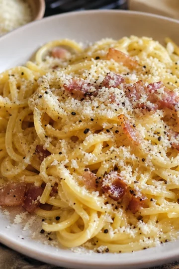 Creamy carbonara pasta topped with fresh parsley and Parmesan cheese