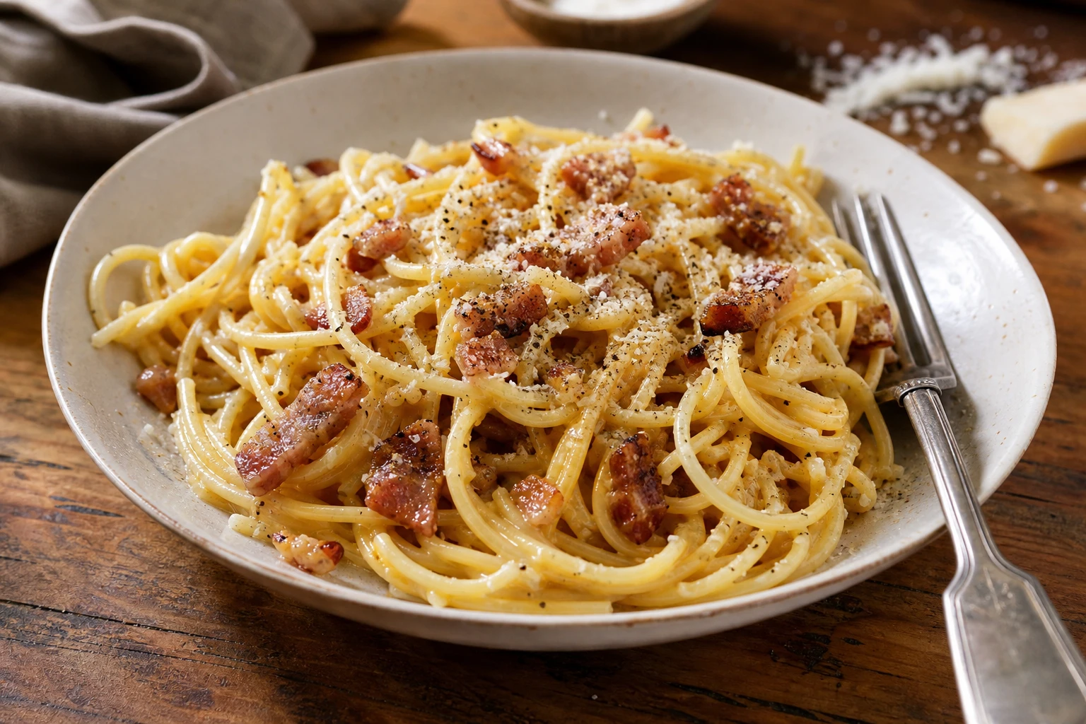 Close-up of spaghetti carbonara in a white bowl with fork