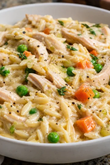 Creamy Chicken Pot Pie Orzo in a bowl
