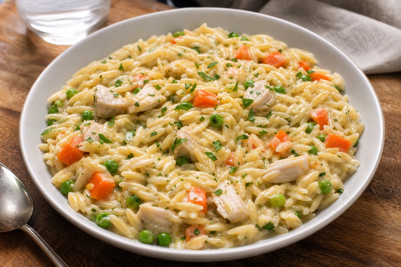Close-up of Chicken Pot Pie Orzo garnished with parsley