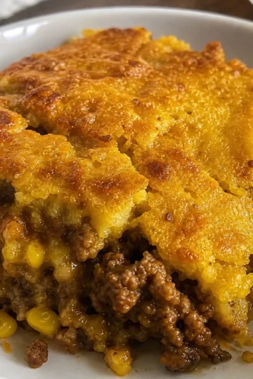 A slice of cornbread casserole with ground beef served on a plate