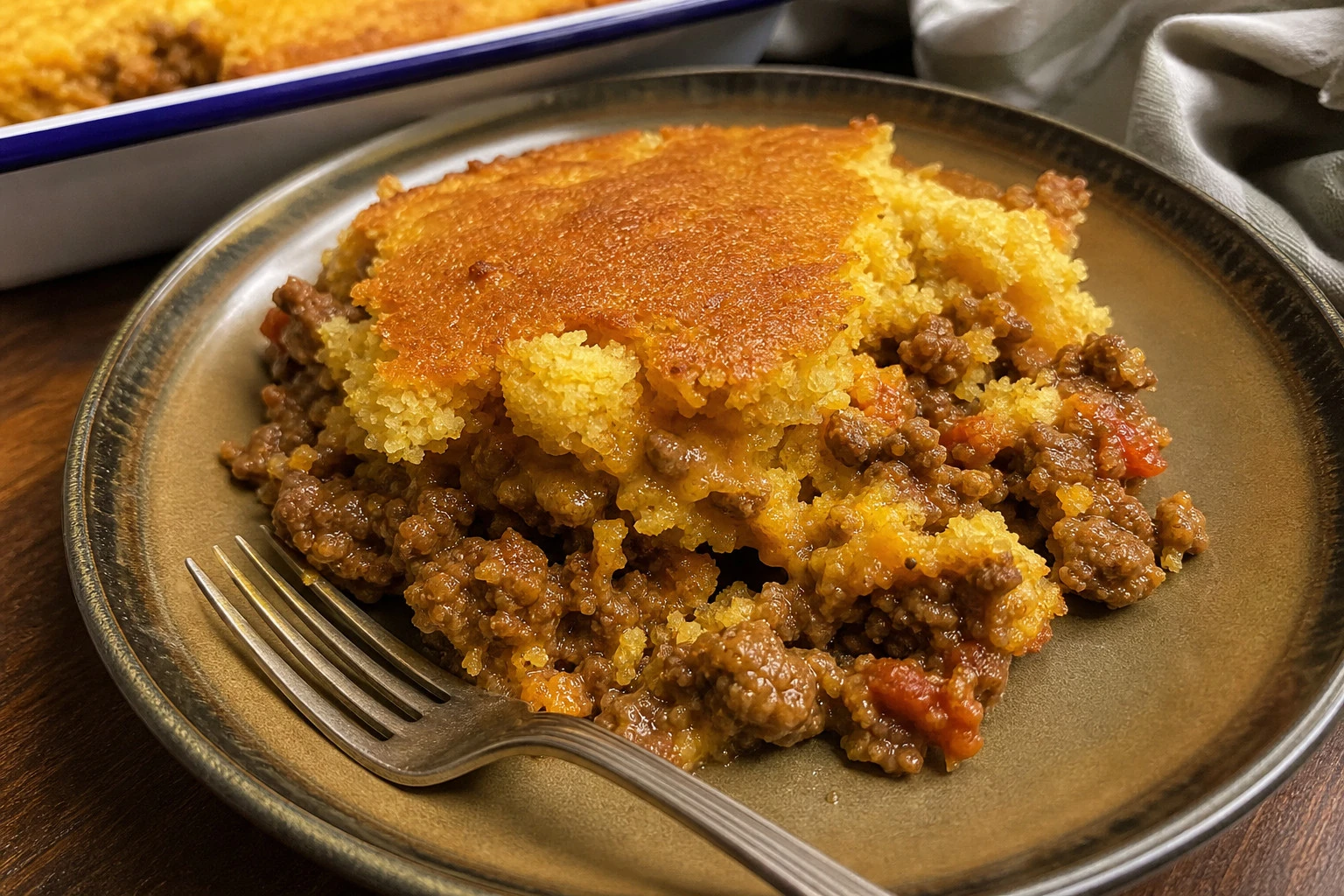 Close-up view of cornbread casserole with melted cheese