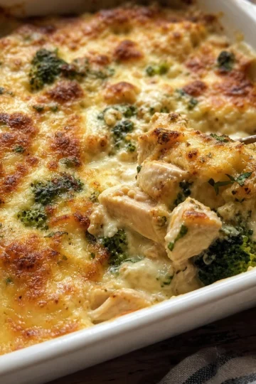 A delicious serving of creamy low carb chicken casserole topped with melted cheese