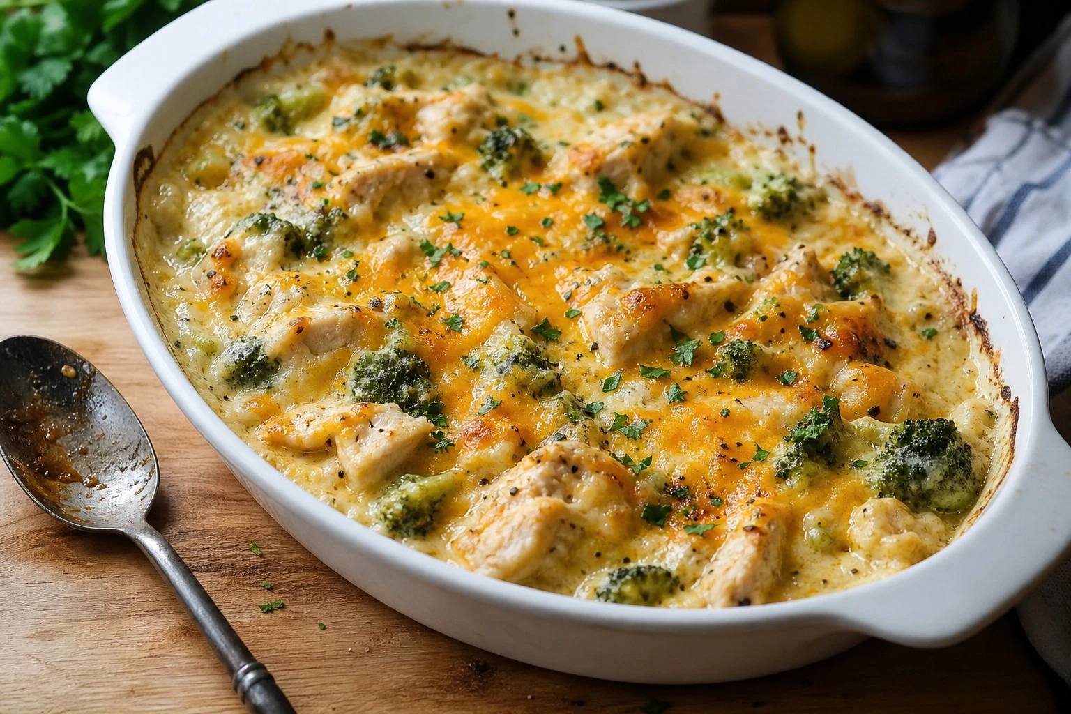 Golden brown cheesy crust on a comforting chicken casserole straight out of the oven