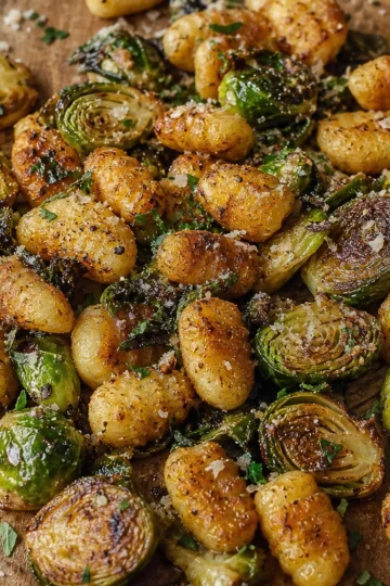 Crisp gnocchi sizzling in brown butter with Brussels sprouts