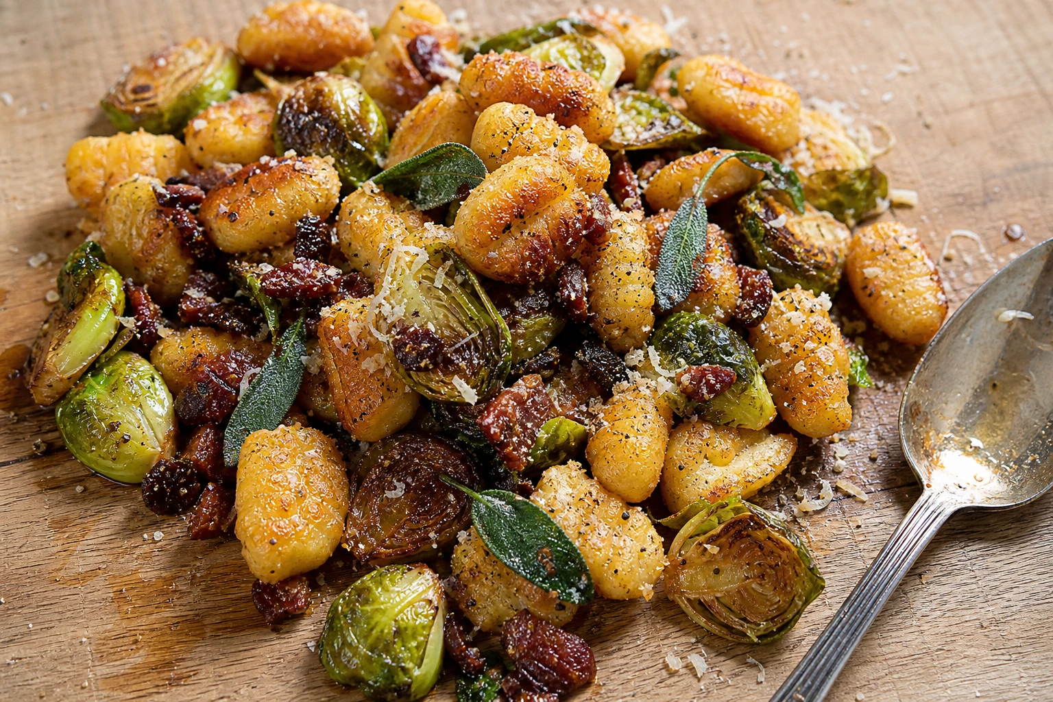 Freshly roasted Brussels sprouts mixed with gnocchi in a skillet