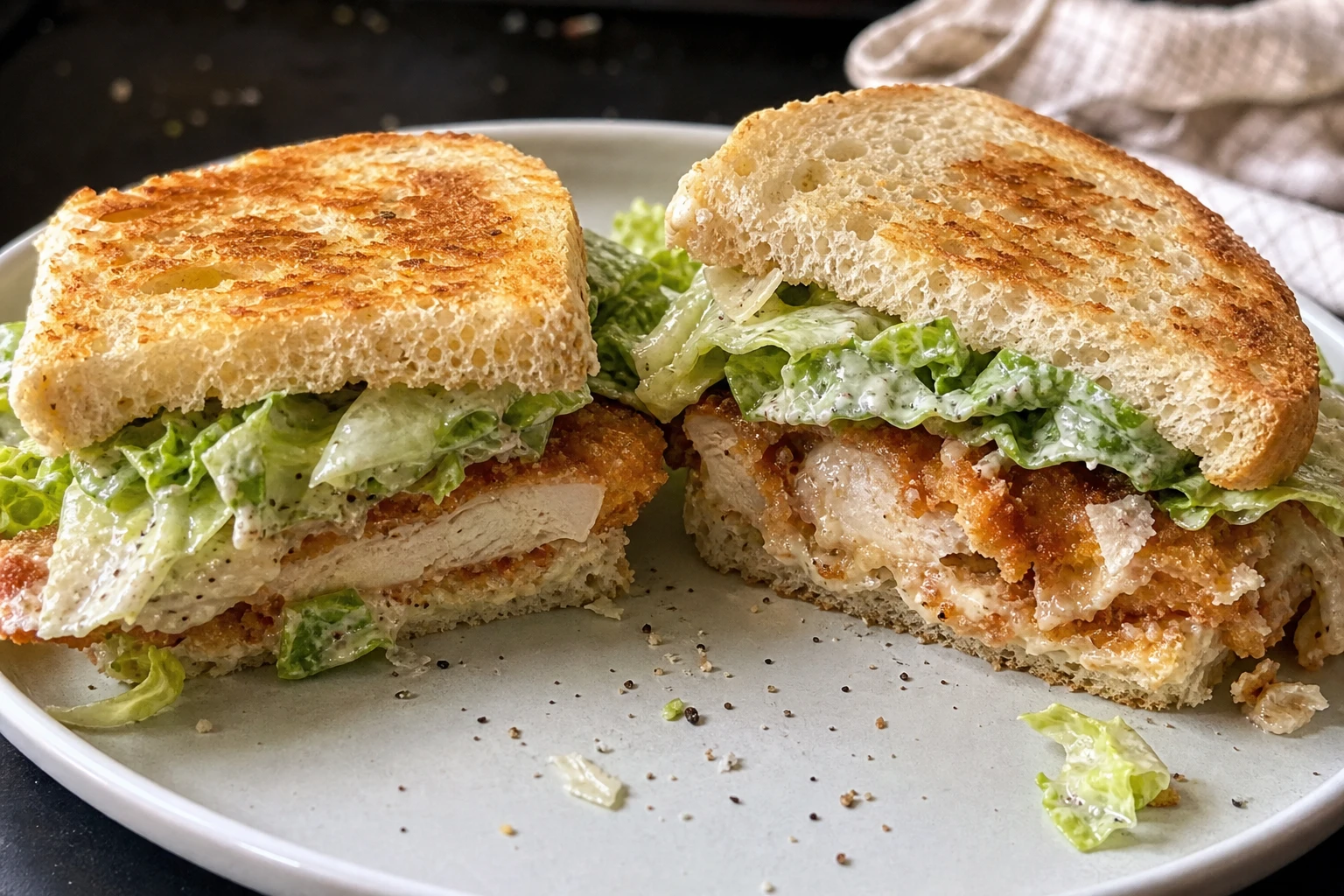 Close up of the crispy chicken layered with romaine