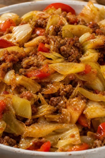 A steaming plate of dirty cabbage topped with sausage and herbs.