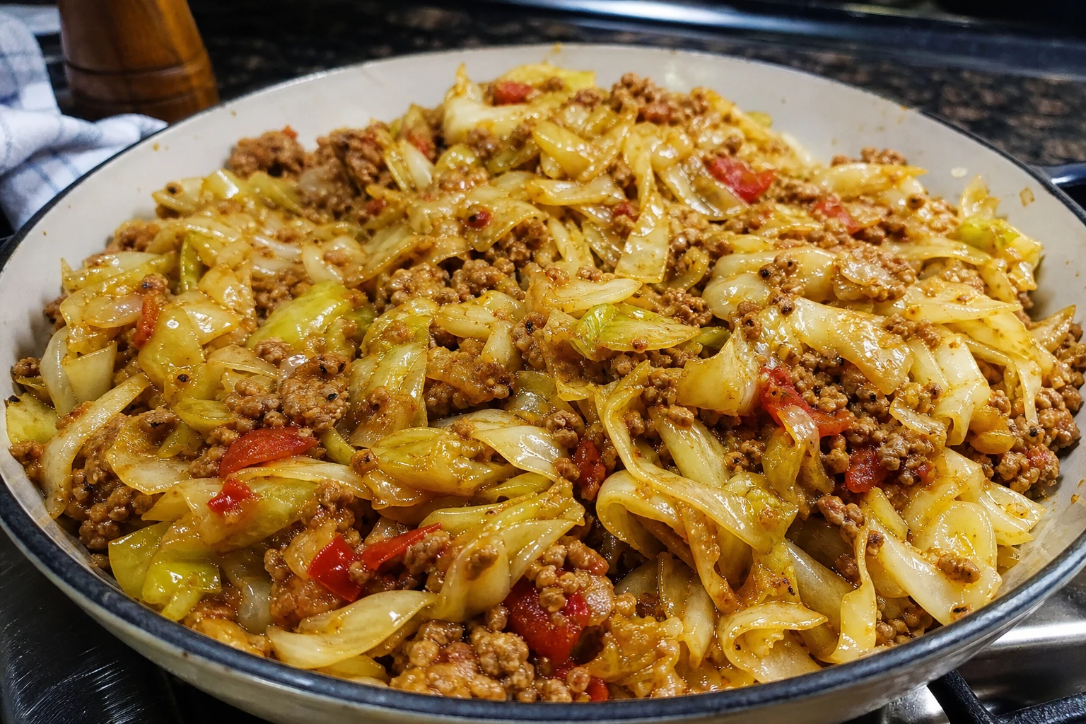 Colorful chopped cabbage mixed with ground sausage in a skillet.