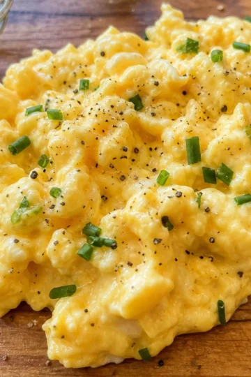 A fluffy plate of extra creamy scrambled eggs garnished with chives.