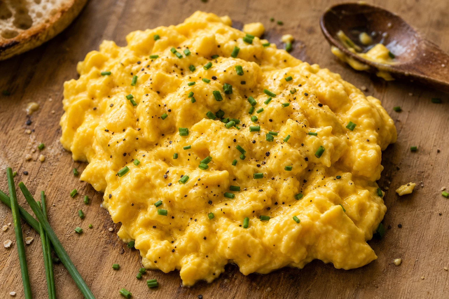 Close-up of scrambled eggs being stirred in a pan, showcasing their creamy texture.