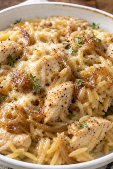 A warm serving of French Onion Chicken Orzo Casserole topped with golden cheese.