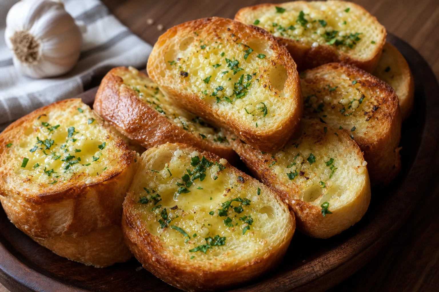 Slices of garlic bread served on a rustic plate