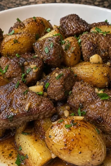 Golden and crispy Garlic Butter Steak Bites served in a skillet with fresh herbs